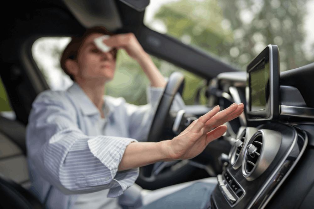 Car a/c is not cooling, auto repair in Apex, NC, at CW Performance.Image of a driver struggling with excessive cabin heat, highlighting the need for professional air conditioning diagnostics, refrigerant service, and cooling system repairs to restore comfort and reliable vehicle performance.