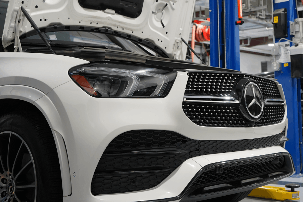 Mercedes A and B service, Mercedes repair in Apex, NC, at CW Performance. Image of a Mercedes-Benz SUV in the shop for service, highlighting factory-scheduled maintenance that preserves performance, reliability, and long-term driving safety.
